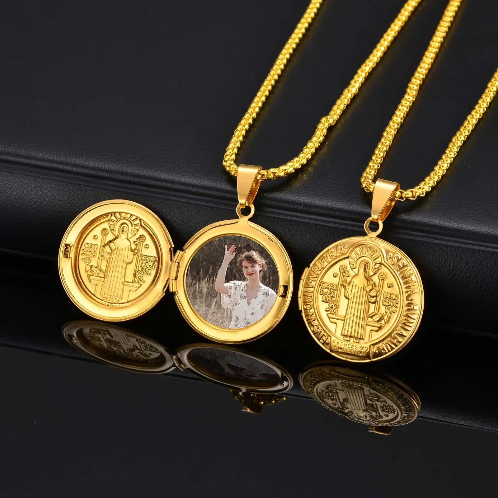 

Saint Benedict Stainless Steel Pendant Necklace, Free Customize Photo Round Locket Necklace, Religious Jewelry for Women Men