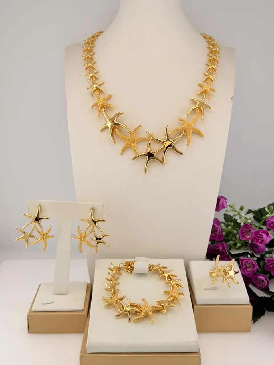 New In Starfish Jewelry Set Gold Plated Ocean Theme Necklace Earrings Bracelet Ring Women African Wedding Party Fashion Jewelry