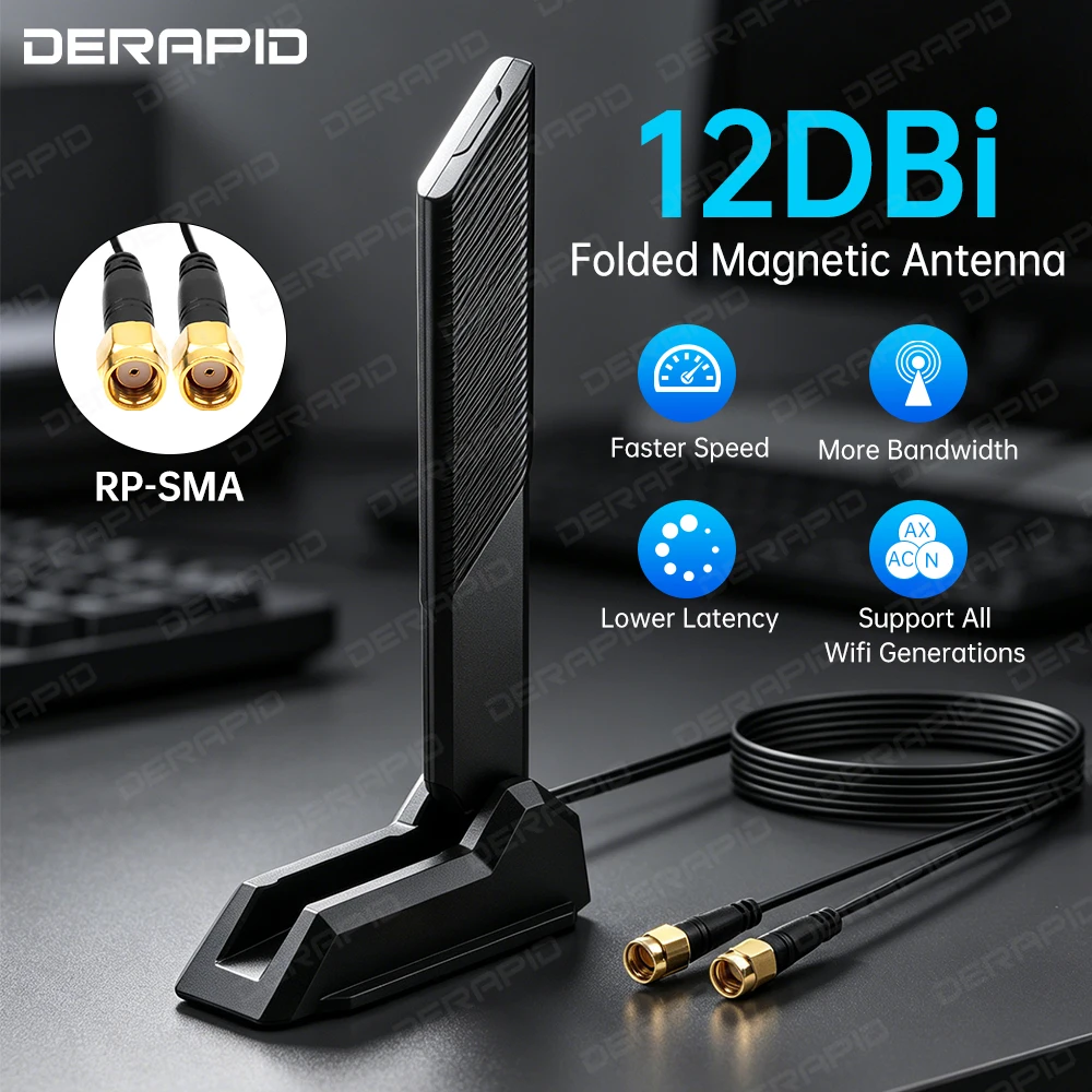 Triple Band WiFi 6E Antenna RP-SMA Magnetic Base High Gain 12dBi for AX210 AX200 PCI-E PC External Booster 2.4G 5G 6GHz 1.2M — product photo 1 of 1