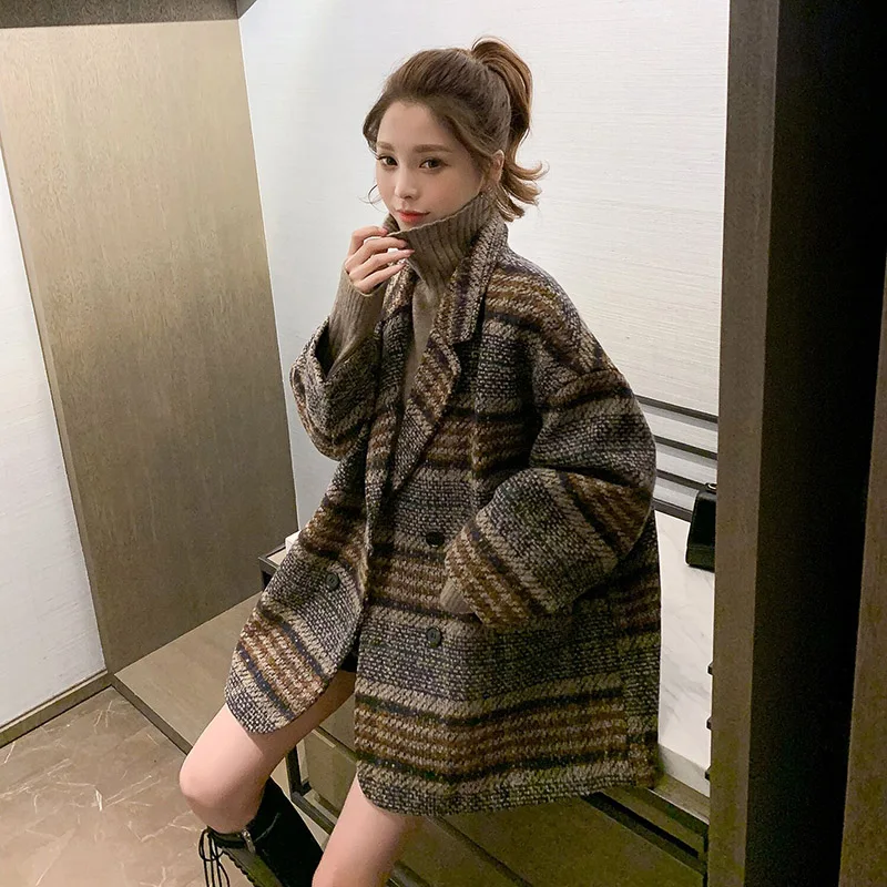 

Fashion Plaid Wool Coat Women 2024 Autumn Winter Warm Outwear Loose Korean Tweed Woolen Jacket Female Medium Long Blend Overcoat