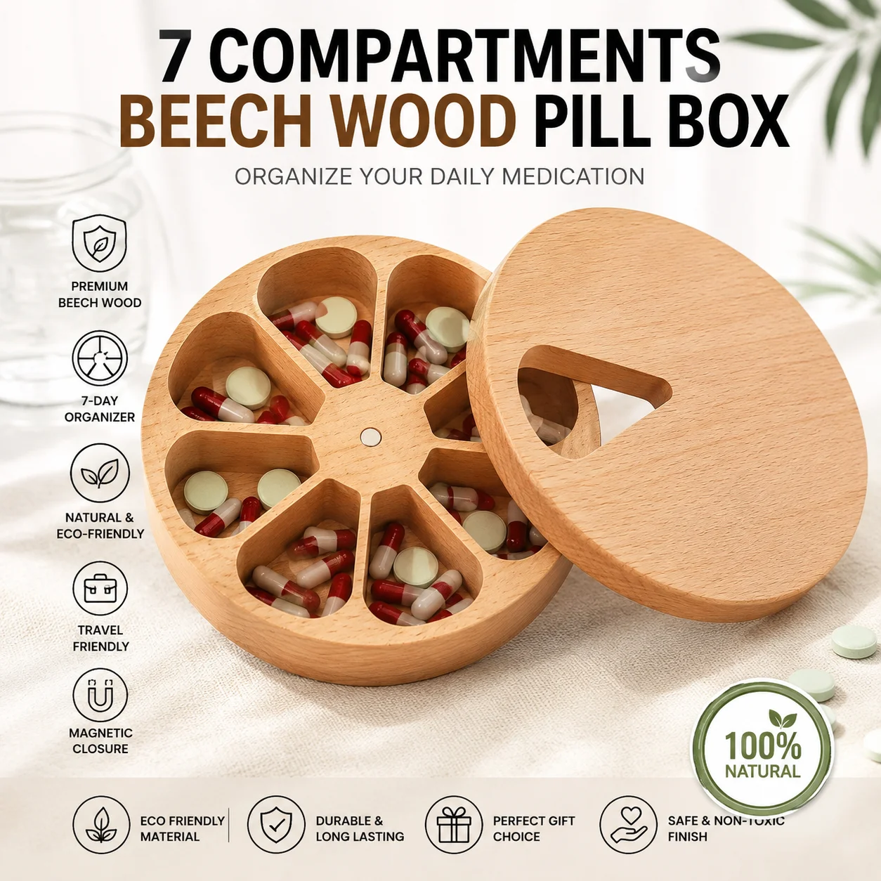 Premium Beech Wood Pill Organizer 7 Day Wooden Medicine Box Moisture Proof Pill Storage Case Handcrafted Desk Decor