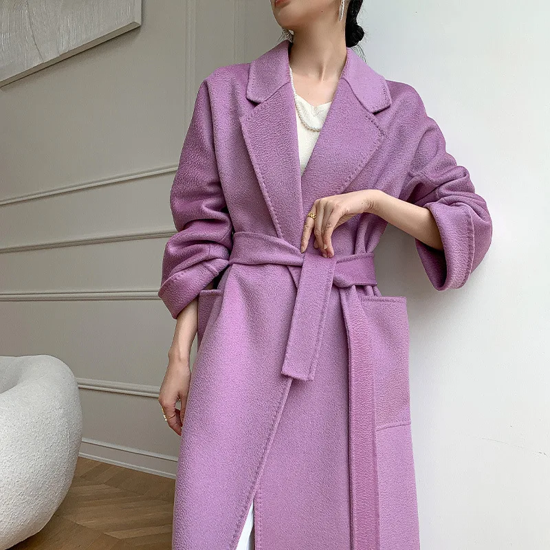 High-end water ripple woolen jacket double-sided cashmere coat women's medium and long wool autumn and winter new small woolen