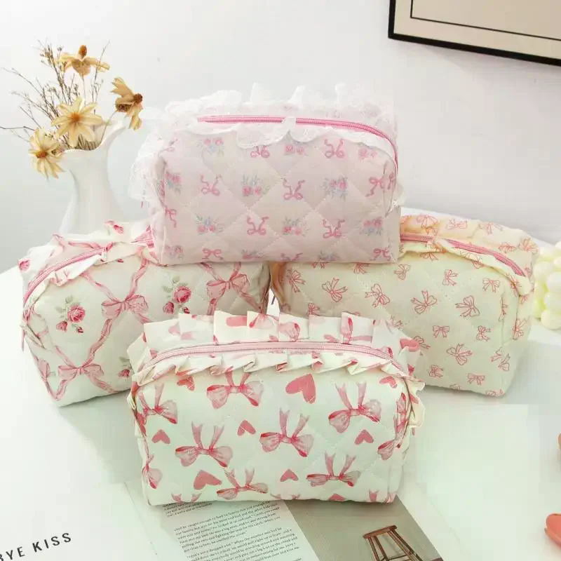 Large Capacity Floral Bow Makeup Bag Ruffled Edge Design Cosmetic Storage Case for School Travel Home Organization