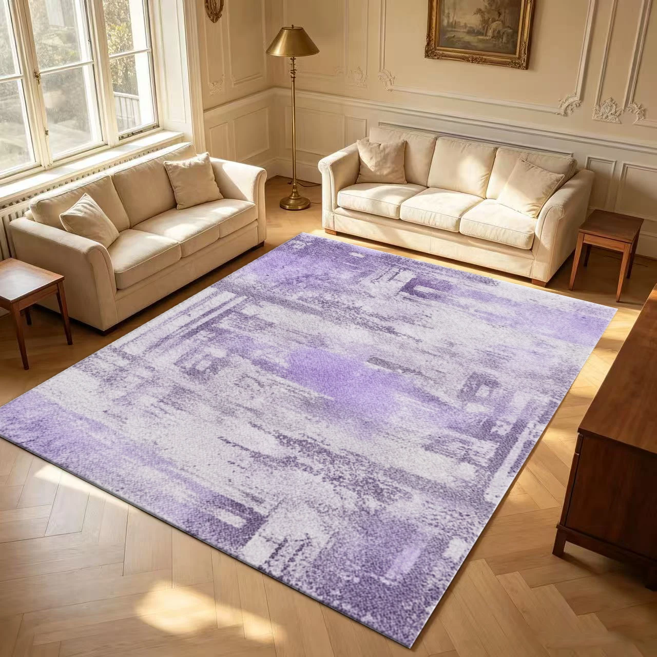 Purple White Abstract City Building Oil Painting Area Rug Modern Art Non Slip Washable Floor Carpet Home Office Decor