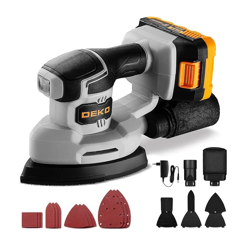 DEKO Delta Sander Accuschuurmachine 20 V 13000 RPM met stofafscheider 15 glaspapieren Ideaal voor schuren, polijsten en houtbewerking