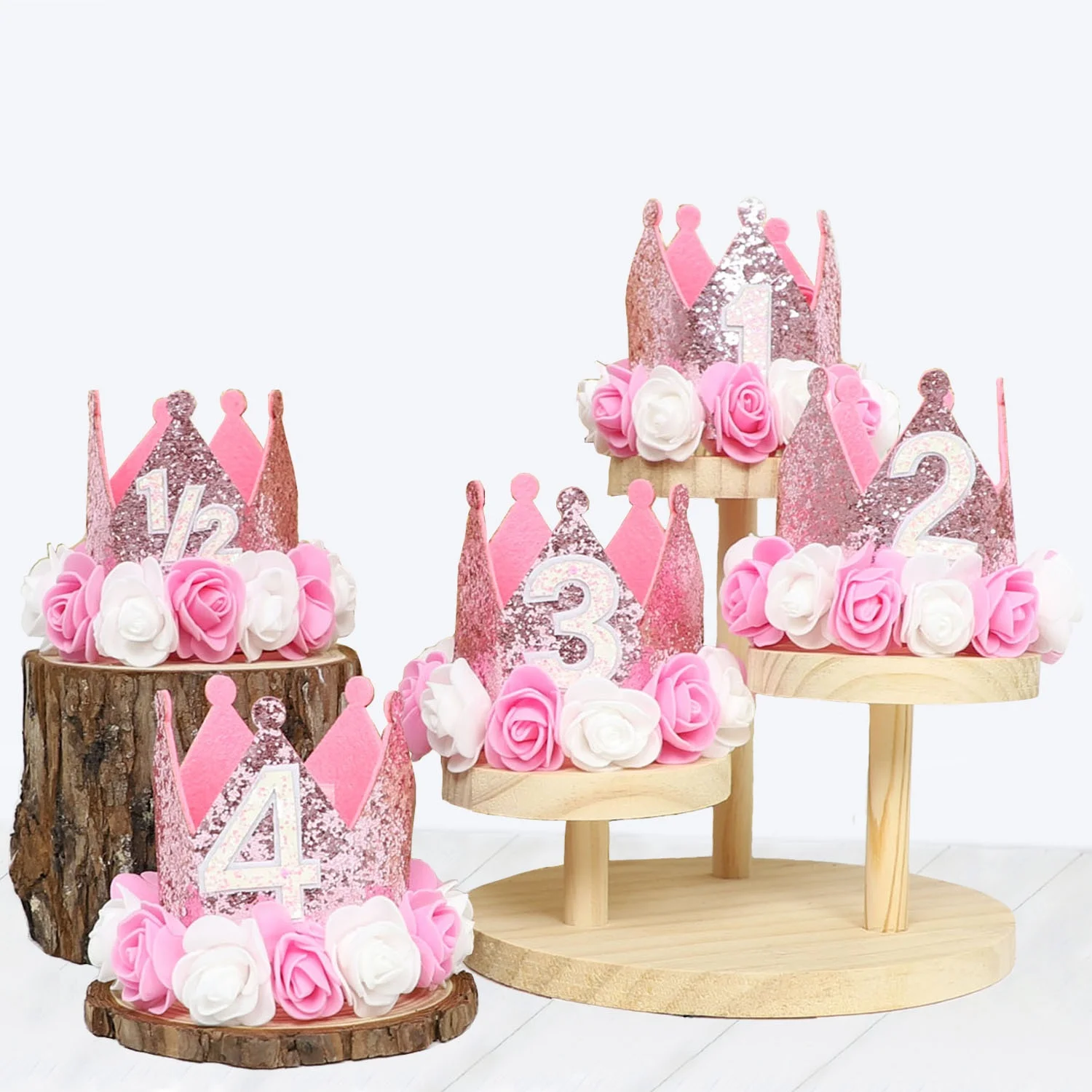 1 Stück Geburtstags-Kronenhut-Dekoration, rosa, weißer und goldener Glitzer, Foto-Requisite, Partyzubehör, Prinzessinnen-Thema-Party-Dekoration