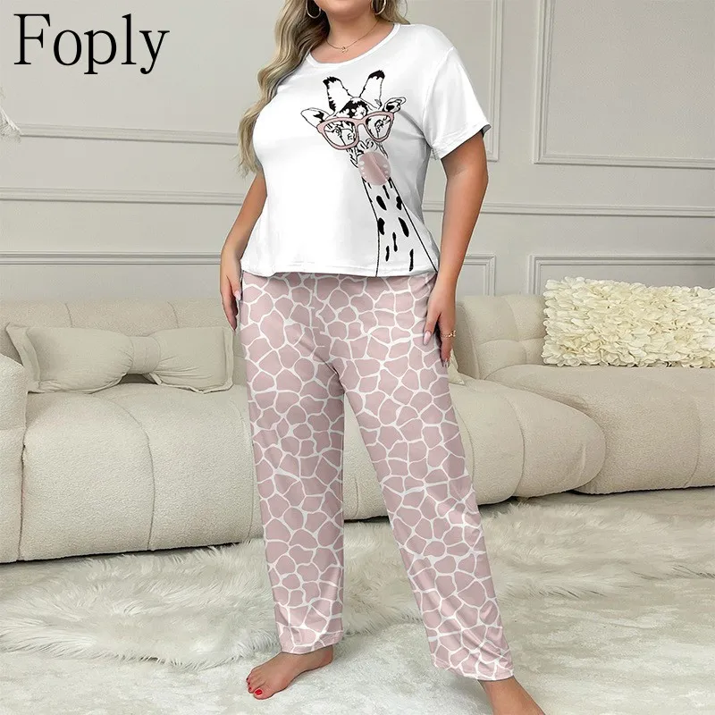 

Giraffe Print Woman Pyjamas Plus Size 5XL Spring Summer 2Piece Pajama Milk Silk Sleepwear Shortsleeve Pants Pijama Loungewear