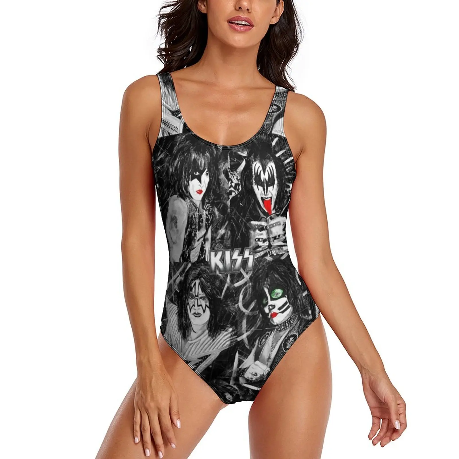 

Kiss Band Print Swimsuit Sexy Colour Splash with Logo One Piece Swimwear Push Up Bodysuit Classic Beach Beach Wear