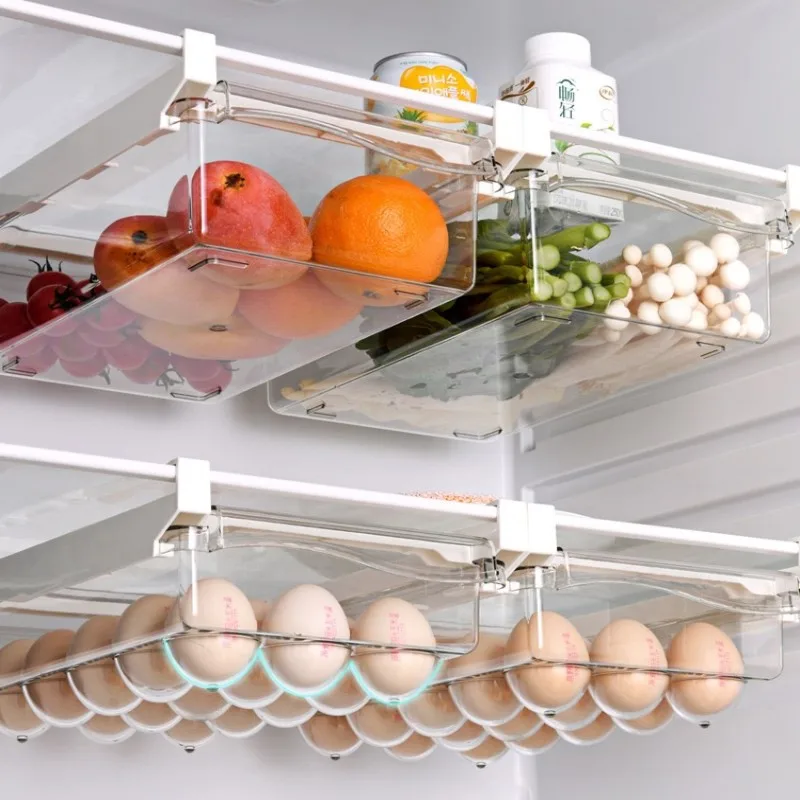 Drawer Type Food Storage Box for Refrigerator Clear Fruit Organizer Rack Holder Under Shelf Slide Plastic Kitchen Container