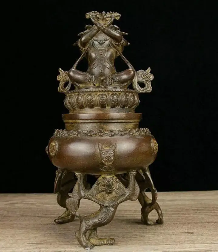 Antique Pure Bronze Vajra Mahakala Wrathful Deity Buddha Incense Burner Censer