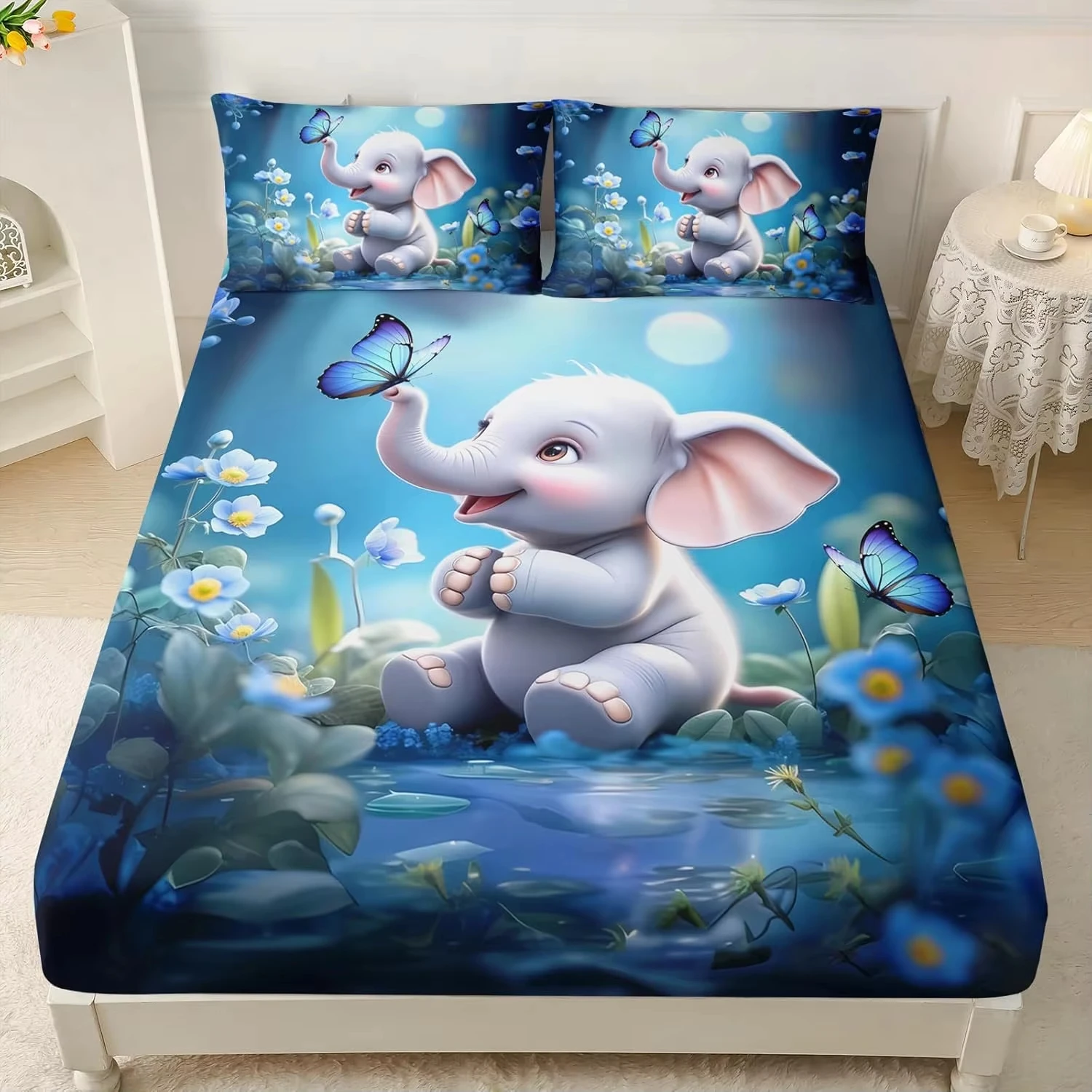 Cartoon Elephant Fitted Sheet Twin Queen Kawaii Cute Bed Sheet Set,Lovely Animals Elephant Printed Sheets Set for Girls Boys