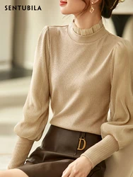 SENTUBILA T-shirt Tops Sweater Knitted Ruffle Warm Splice 2024 Spring New Solid Long Sleeve Pullovers Women Shirts114T39176