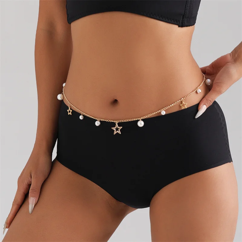 Colgante de pentagrama de perlas de imitación de una sola capa para mujer, cadena de cuerpo versátil, eslabón de cintura, accesorios de joyería de moda