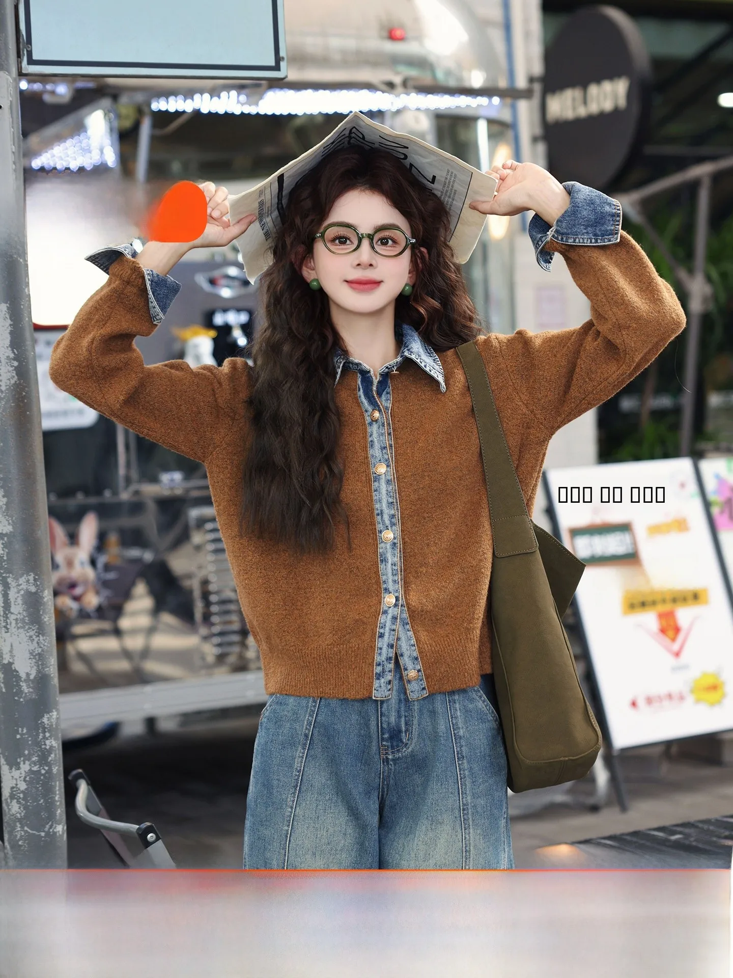 

Chen Jiajie Truffle Pastoral Vintage Denim Patchwork Knitted Jaet Women's Spring Autumn Versatile Slimming Top