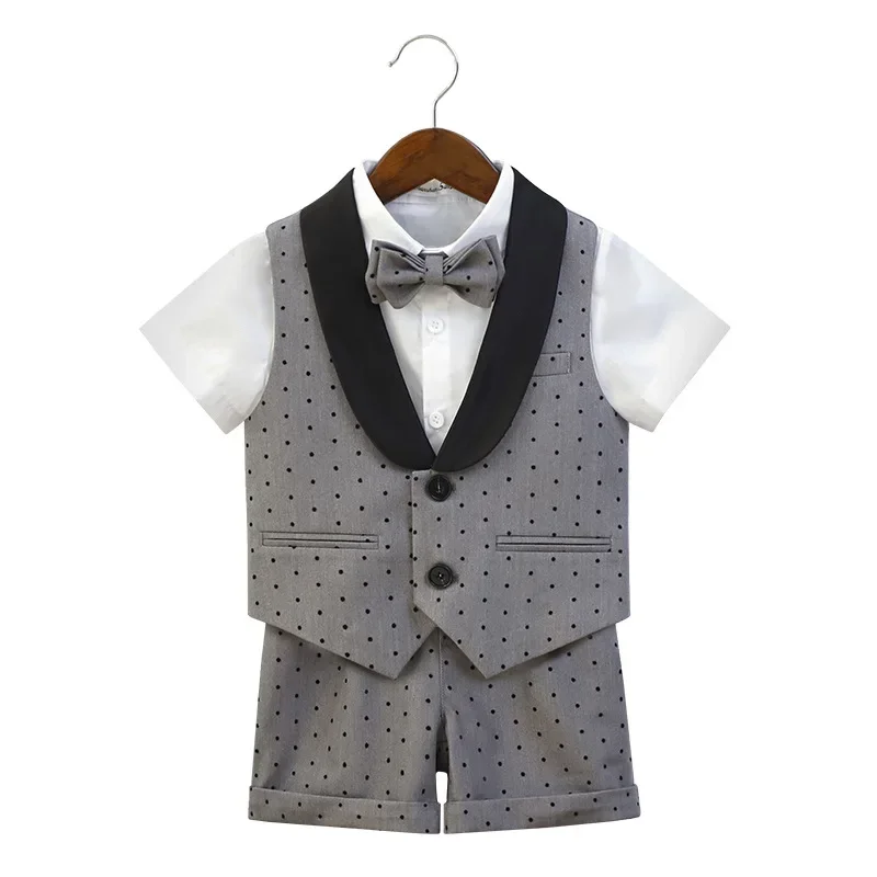 Boys Formal Tuxedo Suit Set Short Sleeve Vest Shorts Bow Tie Polka Dot Outfit for Kids Toddler Wedding Ring Bearer Pageant Party