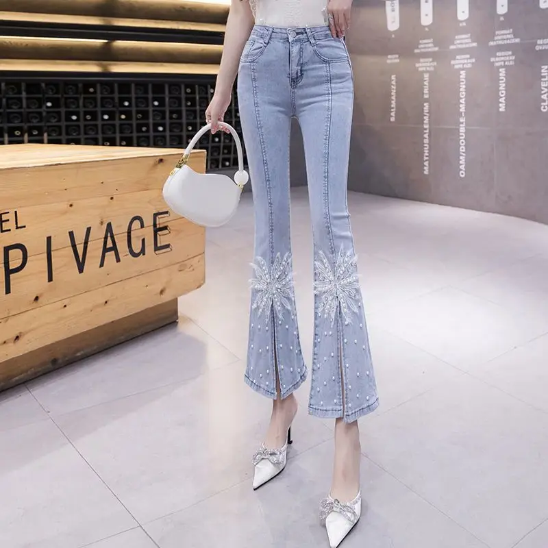 

Spring New Bow Slim Fit Flare Split Jeans Women Casual Wash Fashion High Waist Snowflake Beading Light Blue Denim Cropped Pants