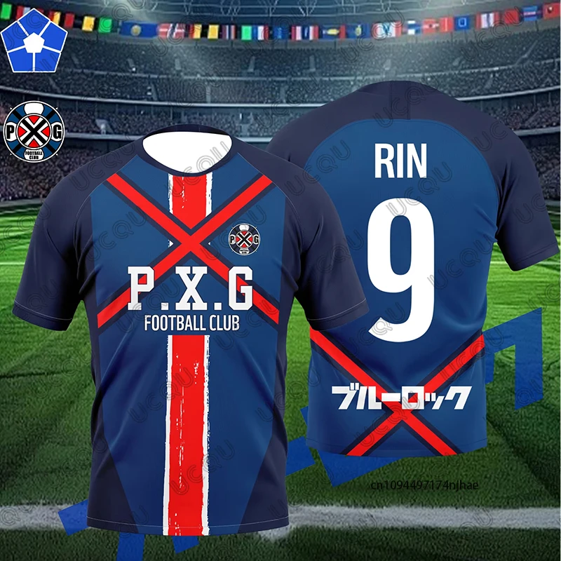 P.X.G الأزرق قفل جيرسي انمي ياباني زي كرة القدم رقم 9 رين شيدو تأثيري الصيف تي شيرت رجالي رياضة عادية للأطفال/الكبار