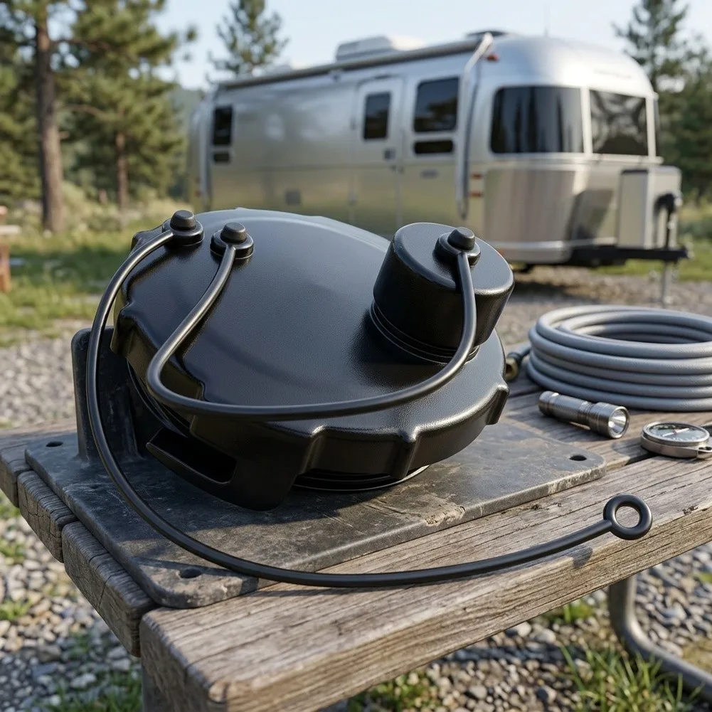 Standard Size RV Sewage Tank Cover with 3.75 Inch Diameter ABS Material Sealing Gasket and Tethered Secure Locking Design