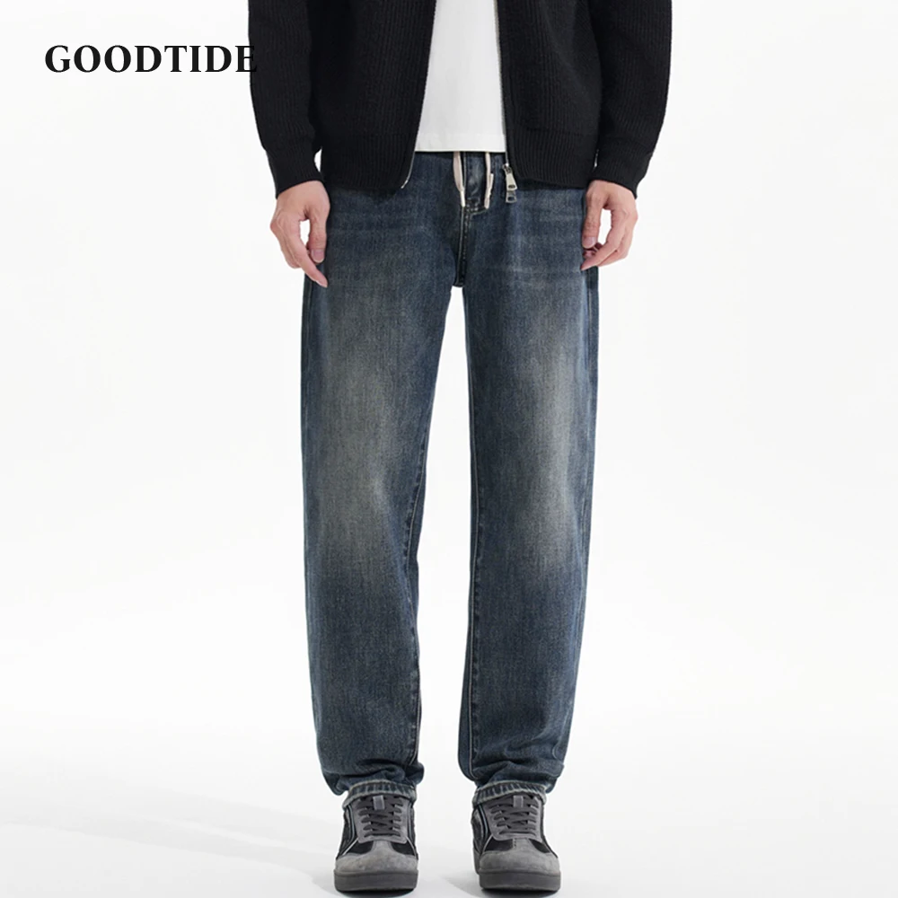 

2025 Autumn New American Retro Drawstring Washed Micro Wide Jeans Fashion Men's Embroidered Pattern Daily Casual Denim Trousers