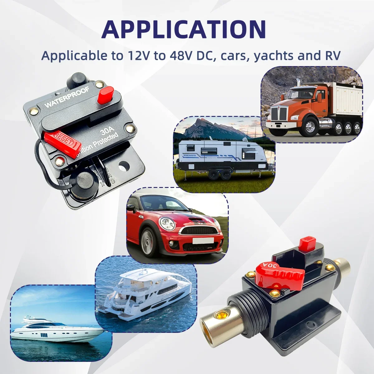 Circuit Breaker Fuse 20A to 300A Manual Reset Inline Fuse Inverter Waterproof Auto Car Yacht AV Aduio Video System IP6 12V 48VDC