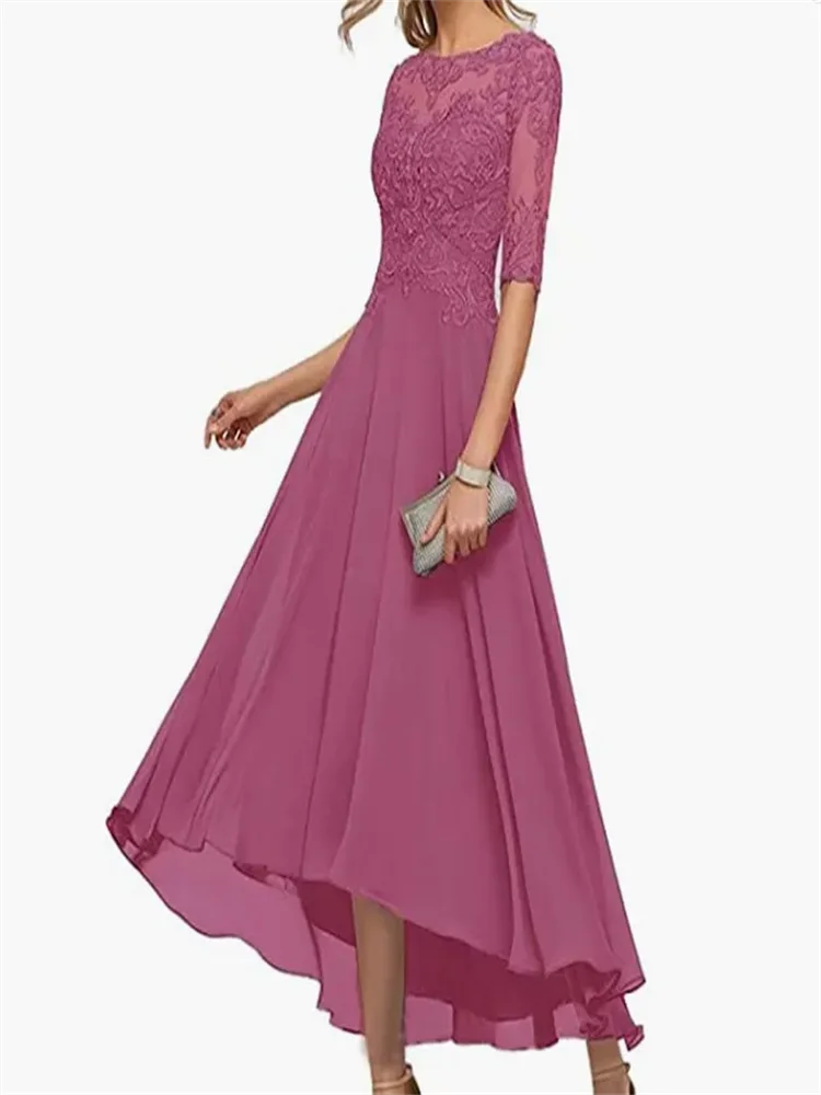 Vestidos de noite chiffon para mulheres, vestido de festa longo, meia manga, mãe da noiva, renda elegante, linha A