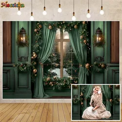 Mocsicka Christmas Photography Background Green Vintage Wall Curtain Interior Window Snow Family Portrait Photo Backdrops Studio