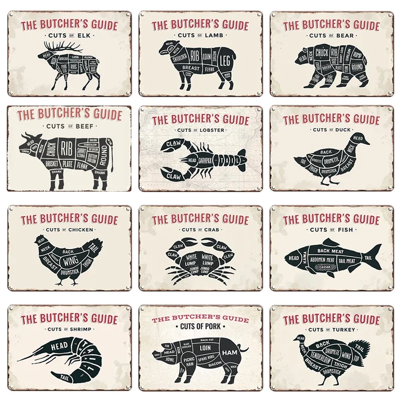 The Butcher's Guide Meat Metal Iron Tin Sign Retro Funny Classic Vintage Wall Art Hanging Restaurant Butcher Shop Kitchen Decor