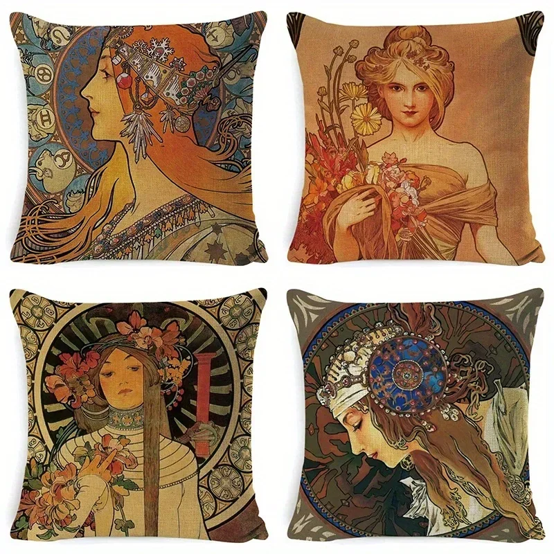 Home Decor Art Nouveau Women Patterned Cushion Covers Pattern Cushion Cover Suitable For Sofa Bedroom Car Pillow Cover