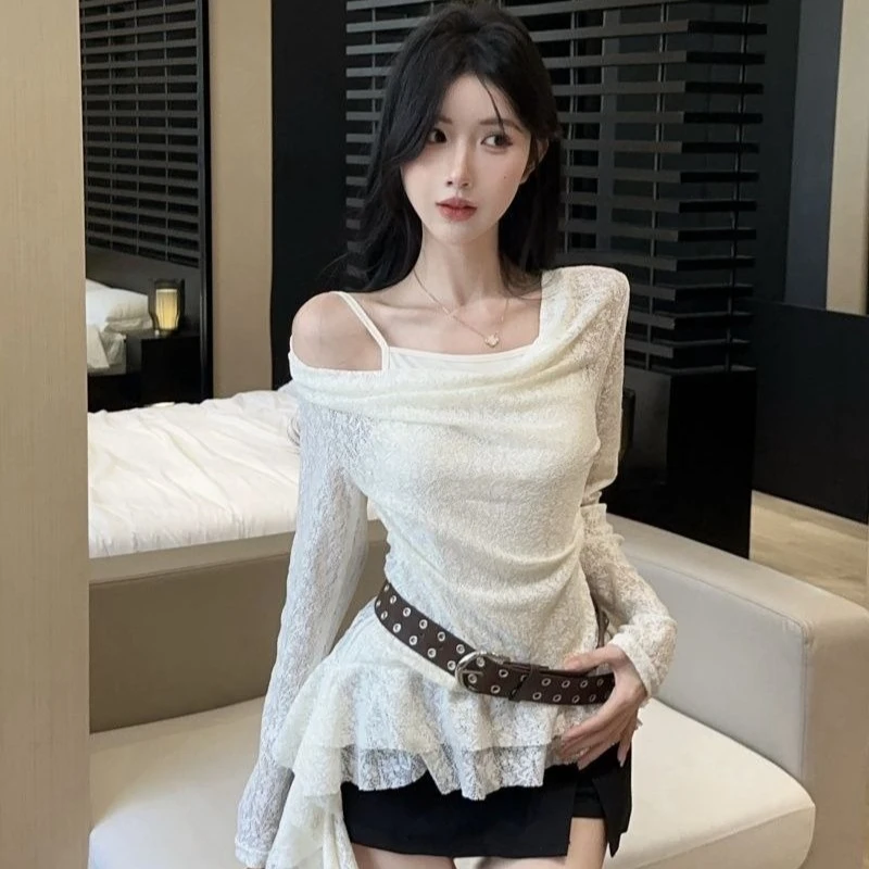 Y2k Clothes T Shirt For Woman Solid Spring Autumn Irregular Ropa De Mujer Vintage Swing Collar Sexy Fashion Tees