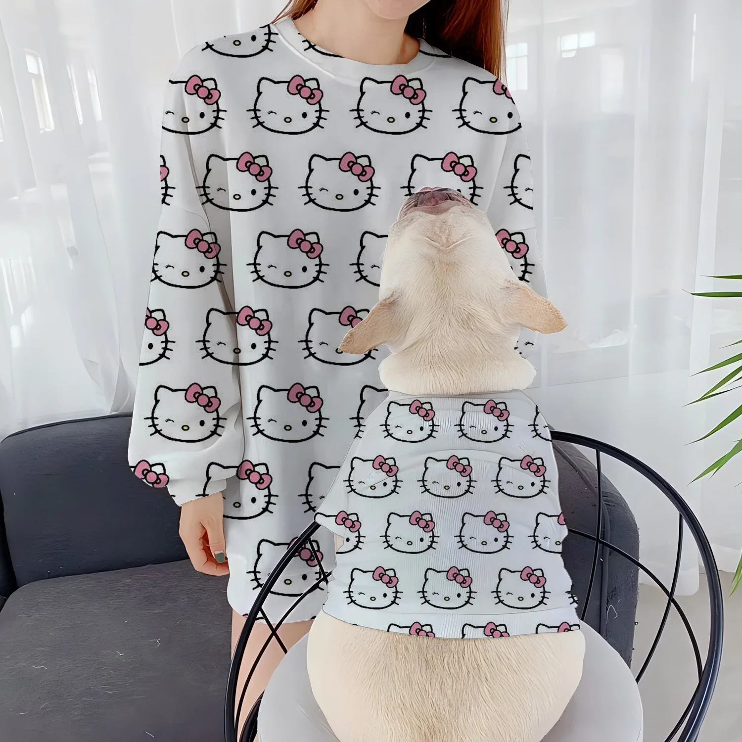 

Casual Sweatshirts Round Neck Parent-Child Clothes Autumn Women's Winter Puppy Clothing Pet Dog Long Sleeve Hello Kitty Pullover