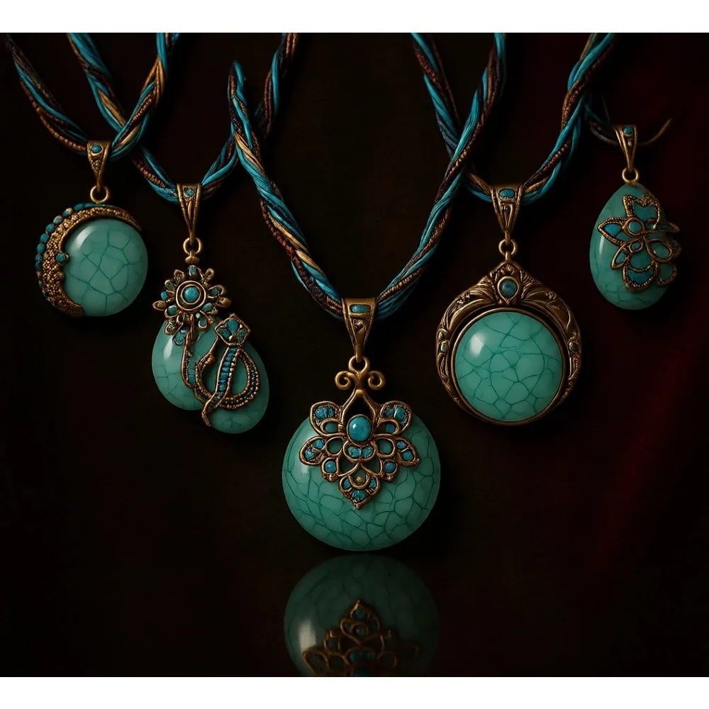

Набор из шести украшений в стиле бохо: бирюзовое ожерелье, массивная цепочка, плетеный шнурок, подвеска со стразами, подарок для женщин