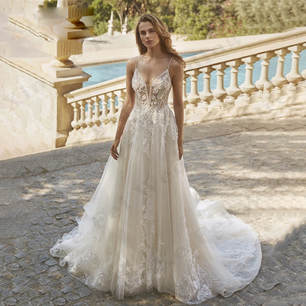 Robe de mariée bohème pour femmes, appliques en dentelle, bretelles spaghetti initiées, sexy, fibroprincesse, A-ligne, patients, quelle que soit la robe formelle