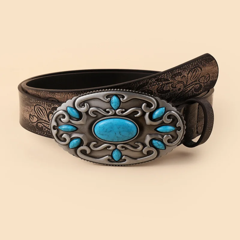 

Western Carved Turquoise Stone Zinc Alloy Buckle Embossed PU Leather Women Belt Fashion joker Decoration Belt for Ladies