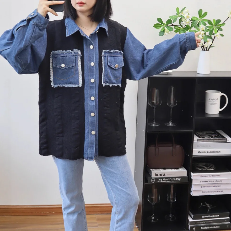 Women Knitted Cardigan Casual Jumpers Denim Patchwork Turn Down Collar Long Sleeves Loose Slight Strech Single Breasted  Autumn