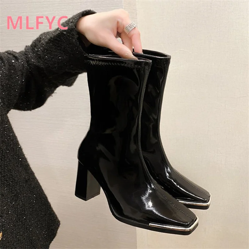 High heeled patent leather mid length boots for women's new square toe fashion boots that look slimmer and taller