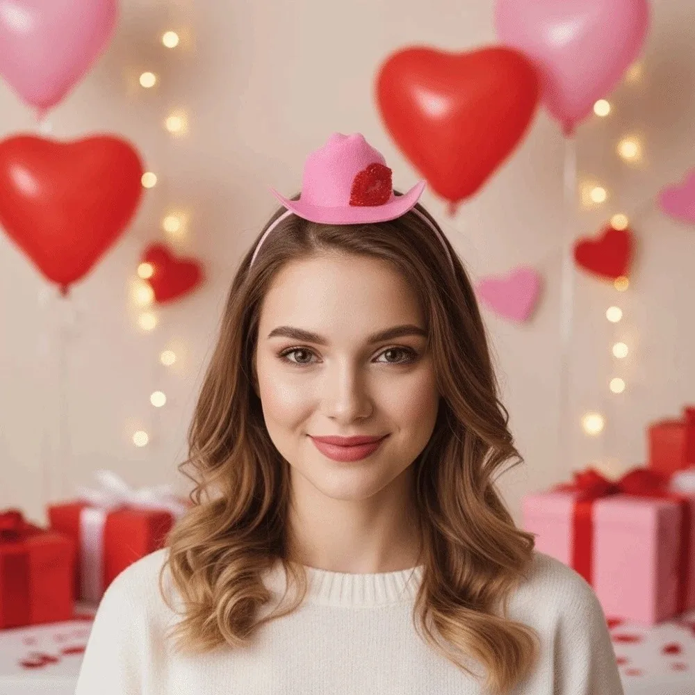 Felt Valentine's Day Hair Hoop Plastic Sequins Pink Cowboy Hat Headband Red Pink Shining Lip Print Hairband Party