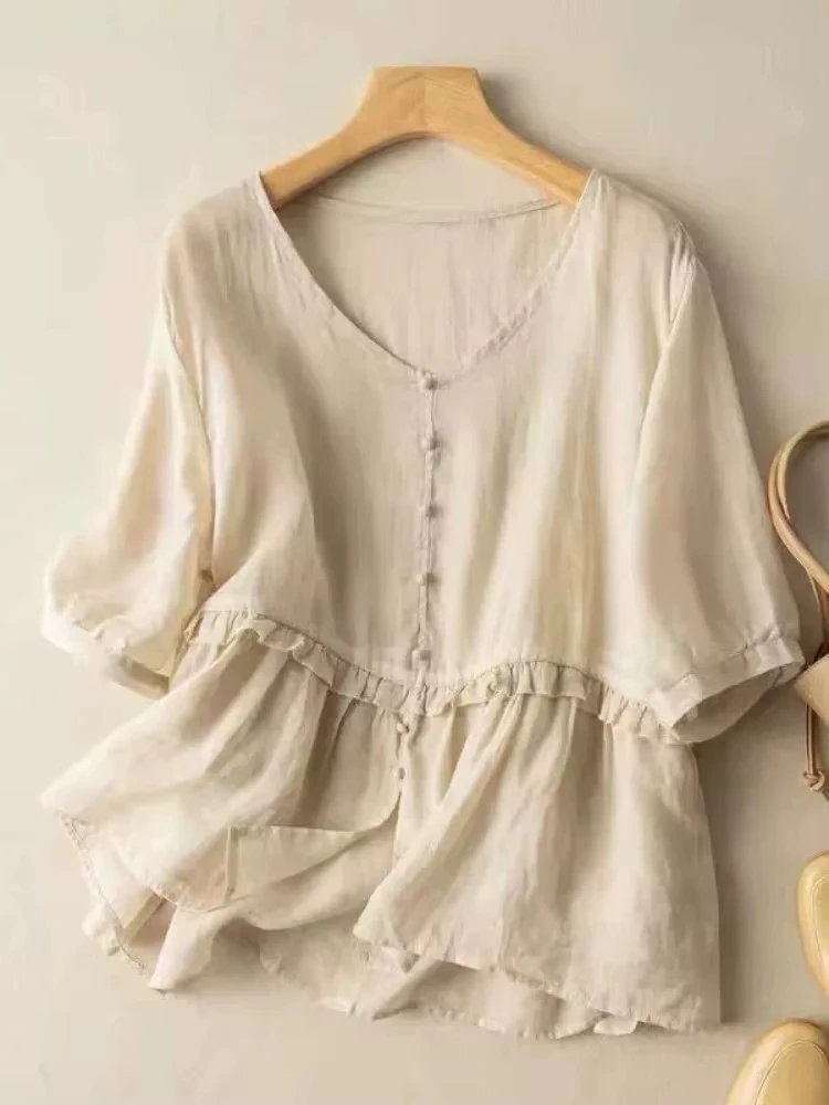 Fashion Vintage Blouses V Neck Half Sleeve Solid Color Ruffles Patchwork Shirts All Match Tops Loose Design Women's Clothing