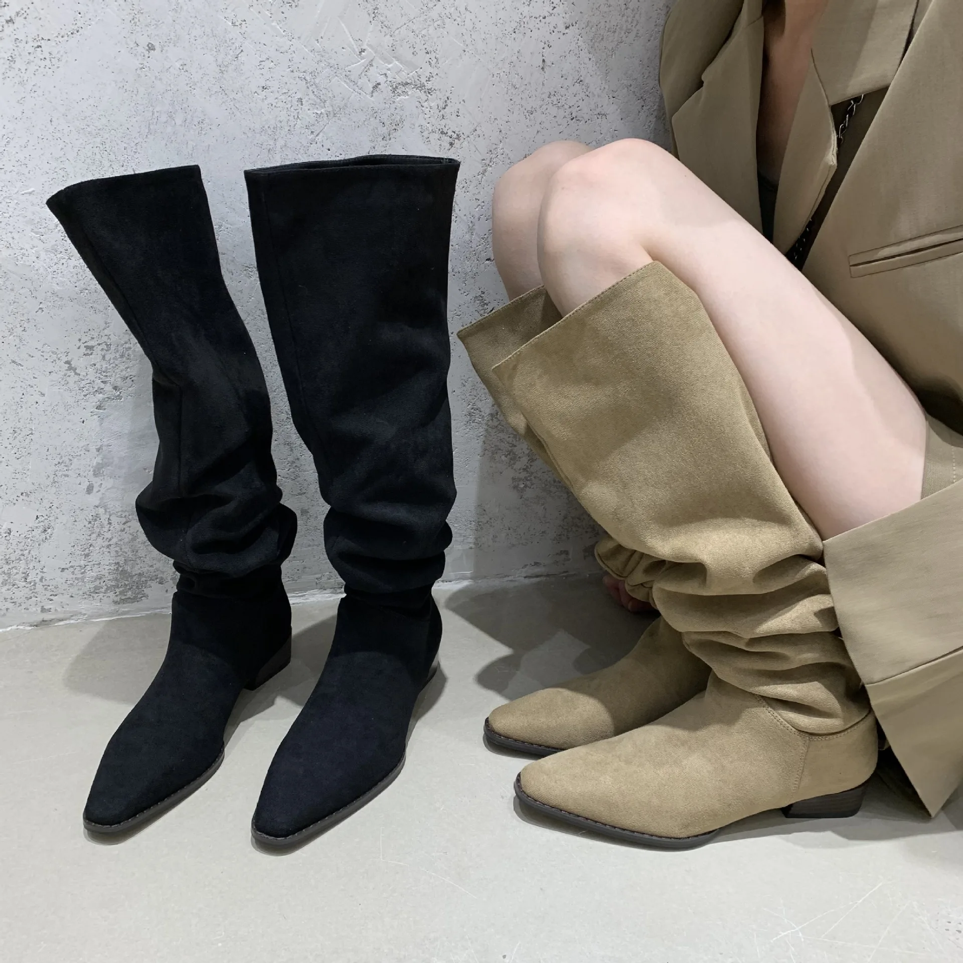 Winter 2022 New Pointed Toe Pile Boots Look Slim and Show Long Legs Over-the-knee Boots, Suede Western Cowboy Boots, Thigh Boots