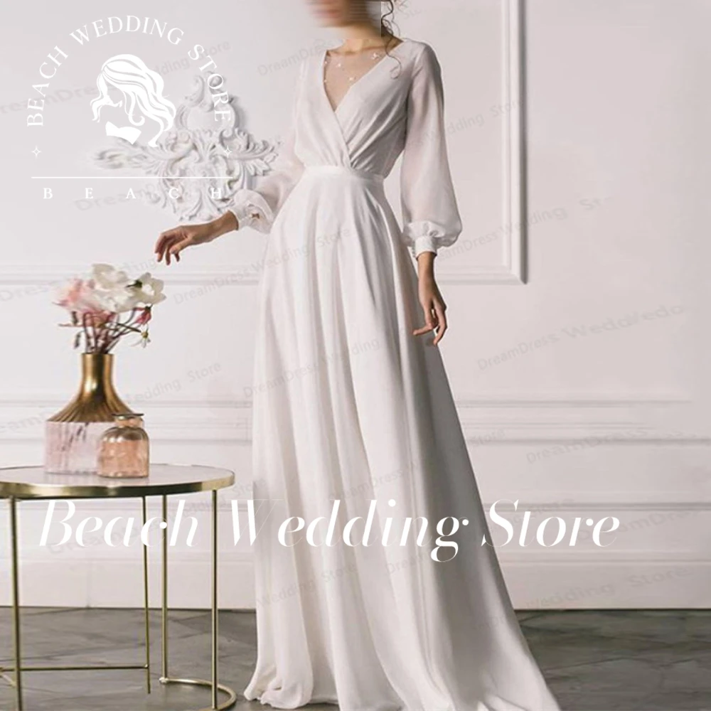 Beach Customized Simple Long Sleeves Chiffon Wedding Dress V-Neck Floor-Length For Bride Robe De Mariée Custom Made Behomia