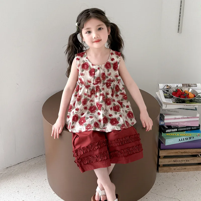 Girls' summer outfit set 2026 new thin and stylish children's floral sleeveless wide leg pants summer two-piece set