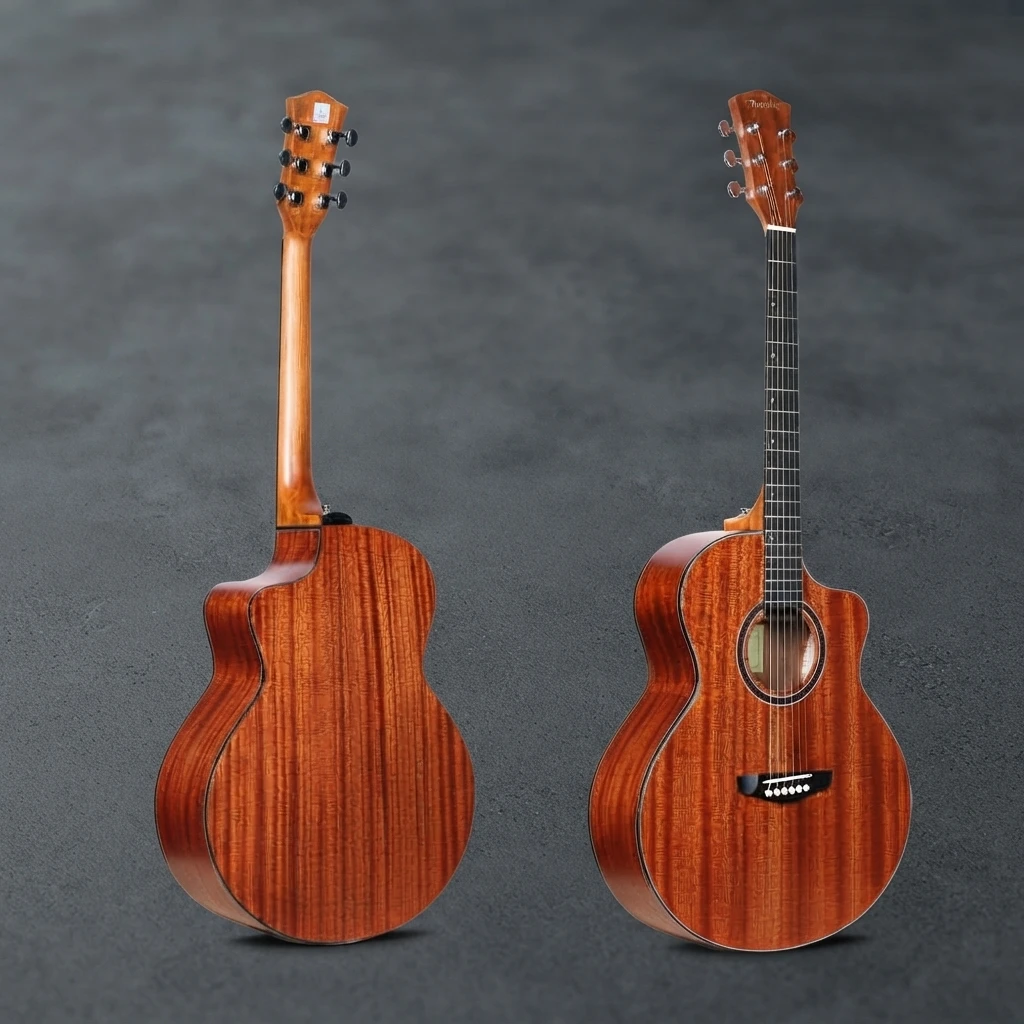 Glossy Brown Body Acoustic Guitar, 6 Strings, Cutaway, Slim Neck, Chrome Tuners, White Bridge Pins, Dot Inlay for Beginners