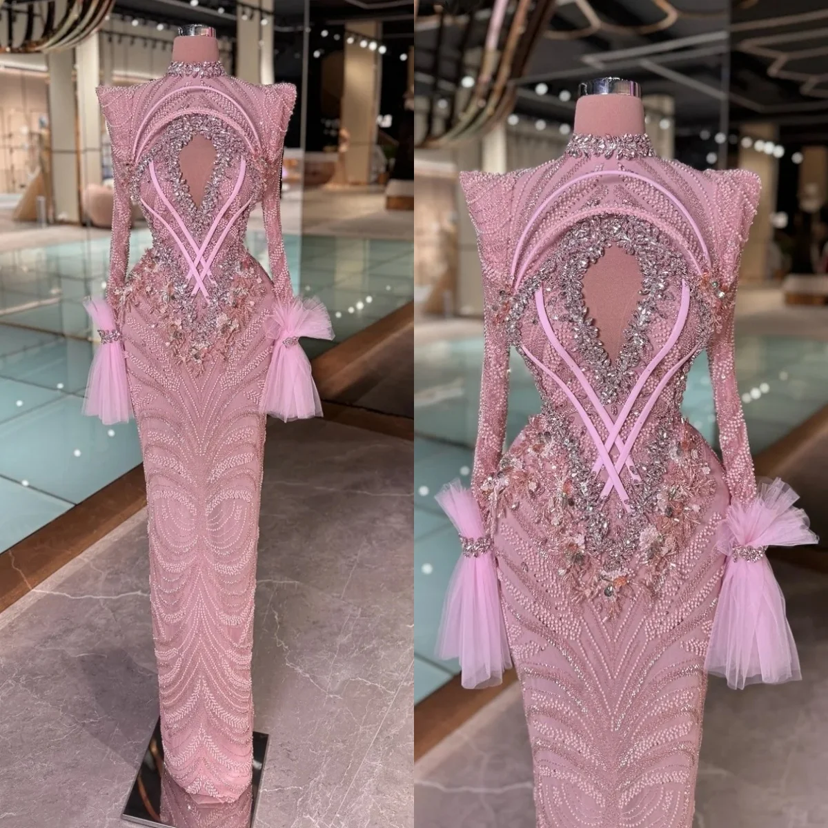 

Gorgeous Crystal High Neck Evening Dresses Sequins Beading Prom Gown Illusion Long Sleeves Mermaid Customized Vestidos De Noche
