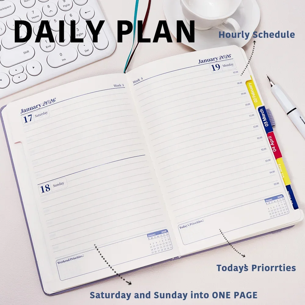 دفتر أعمال فاخر A5 مصنوع من جلد البولي يوريثان مخطط أكاديمي مع قائمة المهام جدول الأعمال مخطط شهري جدول مكتب الأعمال