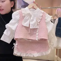 Girl's Little Fragrant Style Set Fashion Vest Short Skirt Shirt 3PCS Spring and Autumn New Children's Baby Shirt Sweet Set