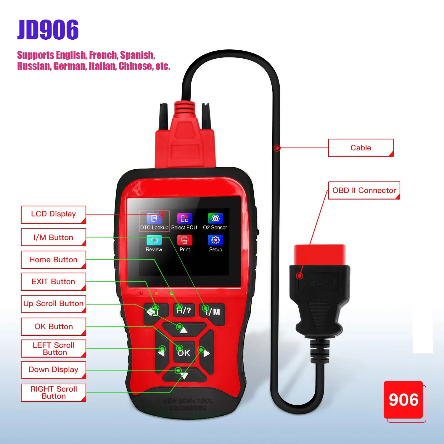 JDiag JD906 Scanner Check Engine Car OBD2 Diagnostic Tool Multi-language Auto Professional Code Reader PK KW850 AL519 AD310