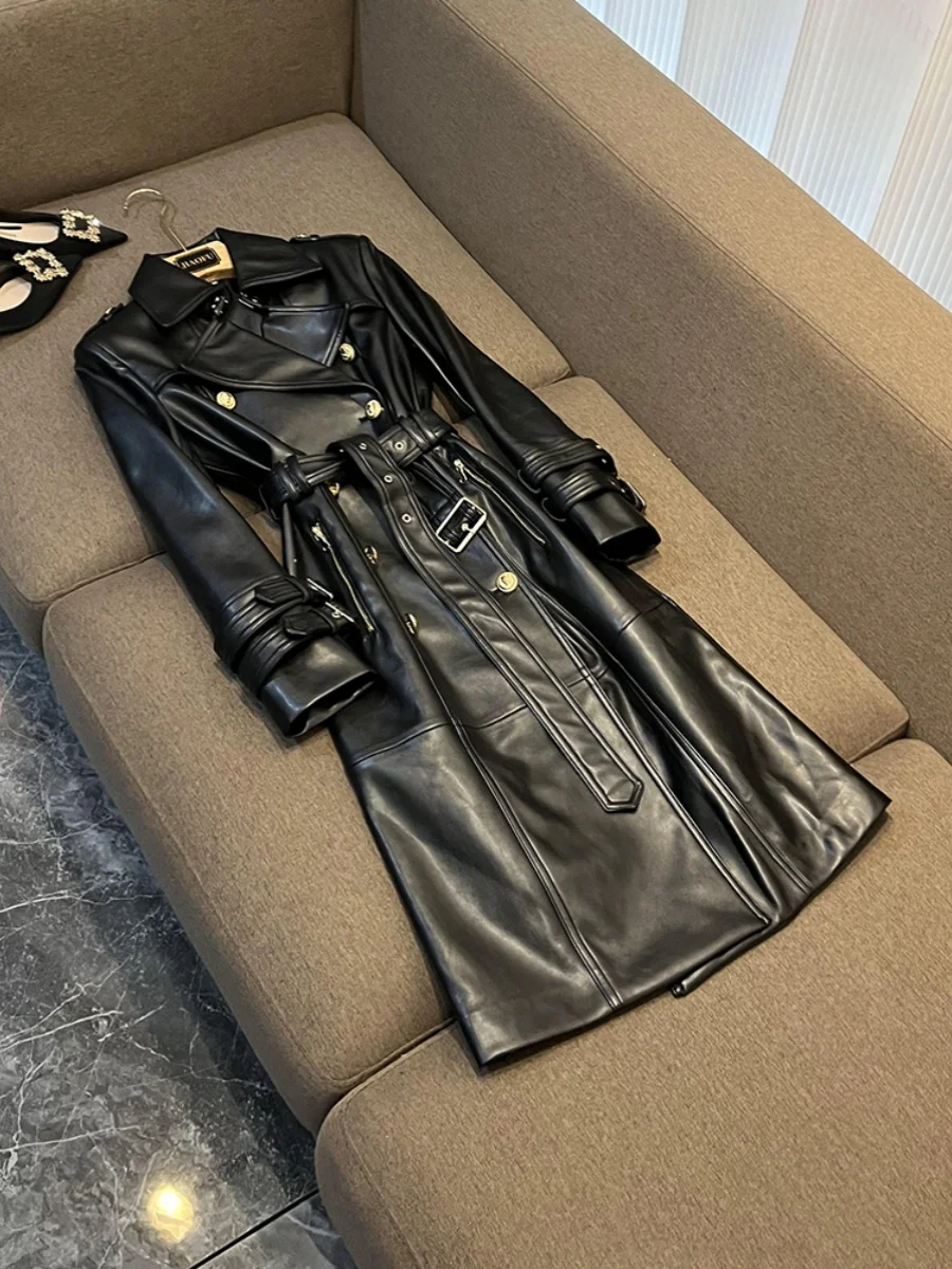 

Длинное кожаное пальто Ele, женская двубортная ветровка с поясом, простая ветровка A799