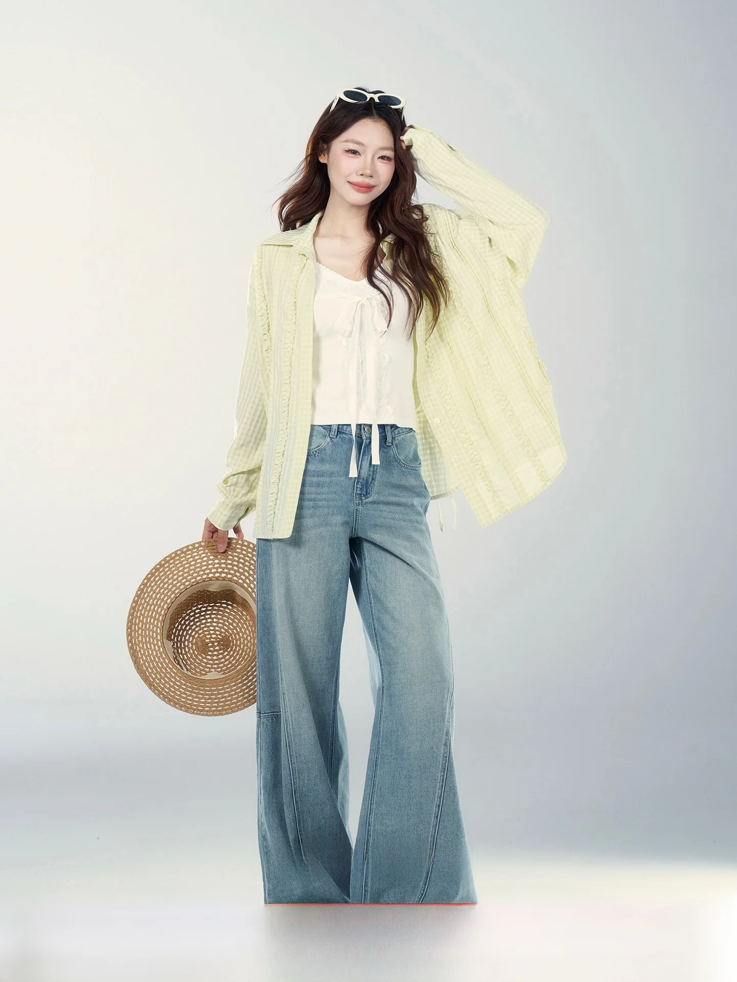 

Retro Blue Denim High Waist Wide Leg Pants Women's Faion Spring New Sle Versatile American Sle Wild Stberry Jeans