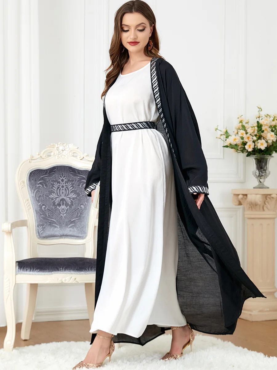 Autumn 2-piece Kaftan Muslim Sets Women Batwing Embroidered Patchwork Open Abaya+Inner Slip Long Dress Dubai Arab Dresses Black