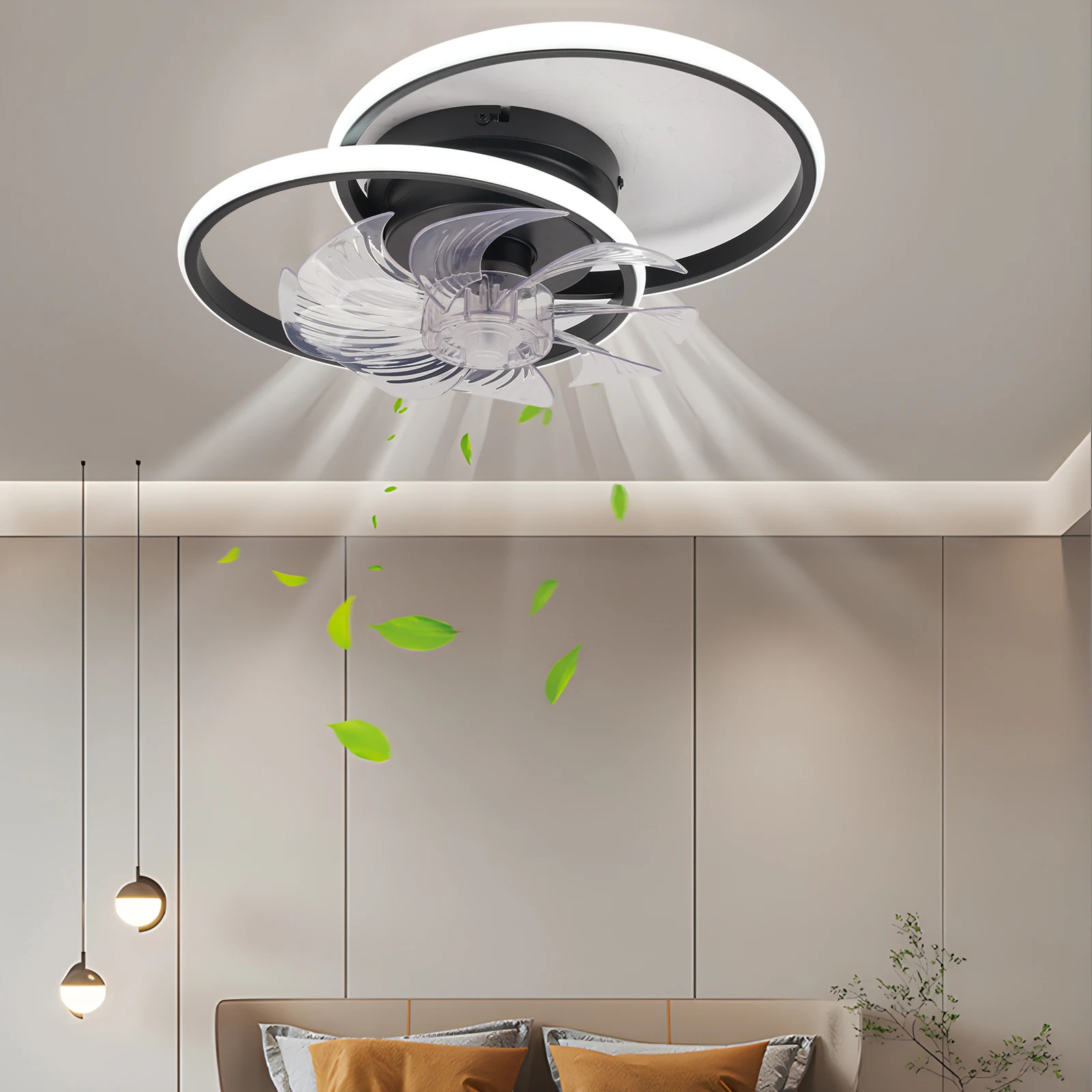 Ring-plafondventilatoren met licht en afstandsbediening App Home Stille elektrische ventilator voor slaapkamer, studeerverlichting, decoratieve lampen