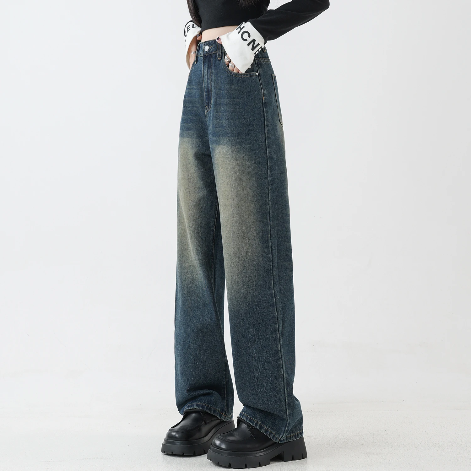 

Винтажные свободные джинсы, женские уличные модные длинные брюки с высокой талией, широкие джинсовые брюки, женские